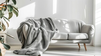 Grey sofa and blanket in light living room