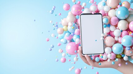 Hand holding phone amidst pastel spheres; app promotion, website design