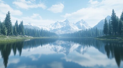 Serene Mountain Lake With Evergreen Trees Reflecting