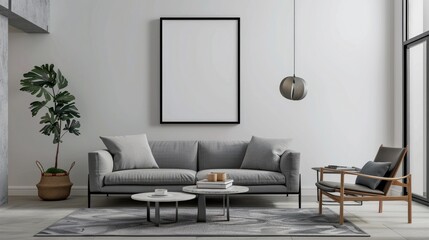 Interior design of living space with poster frame, contemporary furniture, decor items. Home template.