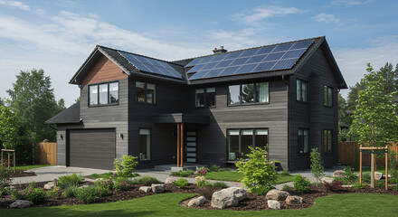 Modern Sustainable Home with Solar Panels and Landscaping