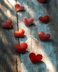 Fototapeta premium red paper hearts on wooden with copy space