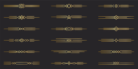 Gold text dividers doodle set. Wedding decorative elements. Divider ornament, borders, vintage line separators. Hand drawn vector illustration isolated on black background