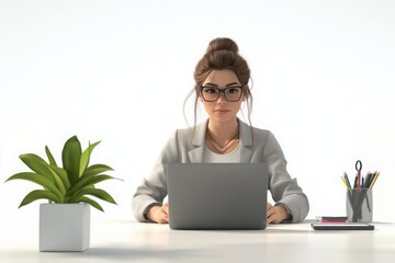Professional woman working at a desk with laptop and plant in a well-lit office environment during the day. Generative AI
