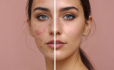 Portrait of a beautiful European woman with acne before and after treatment, showing healthy skin transformation. Closeup photo of female acne-prone skin problem with pimples and red acne scars