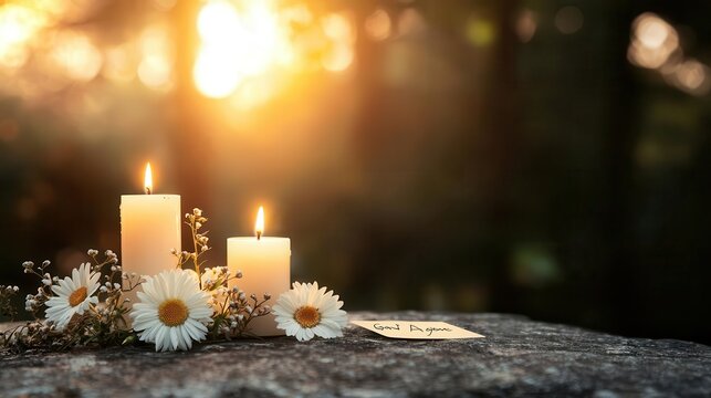 A graveside memorial with white candles, sympathy flowers, and a small handwritten note, soft natural light