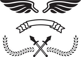 Black paper border, Eagle wings and sword silhouette vector on white background