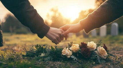 A grieving couple holding hands while placing a wreath of flowers at a memorial site, soft natural lighting