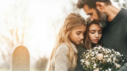 A grieving family gathered around a gravestone, holding flowers and comforting one another, emotional and heartfelt tone