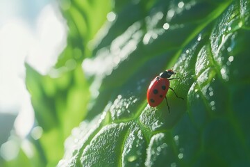 Ladybug on a Leaf A bright red ladybug crawling on a fresh green leaf with water droplets