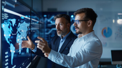 Business Executives Analyzing Global Data on an Interactive Digital Screen. Strategy, Innovation, and Leadership, technology role in business strategy