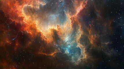A colorful space scene with a large orange cloud in the middle