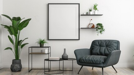 Modern Living Room Decor with Mockup Poster Frame, Armchair, Shelf, Table, Plants, and Home Accessories