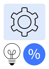 Gear icon in blue square, light bulb, and percentage symbol in blue circle. Ideal for technology, engineering, creativity, innovation, ideas efficiency and strategic planning themes. Minimalist