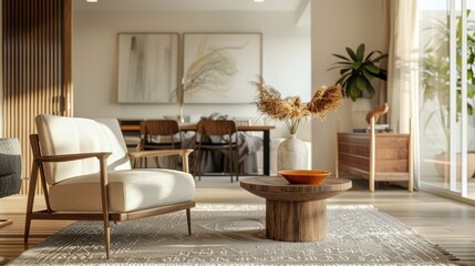 Modern living room with stylish decor and frotte armchair, wooden commode, side table, and elegant accessories. Dining area in the background.