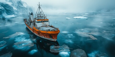 Fishing boats above vibrant marine life, illustrating marine industry, sustainability, and adventure.