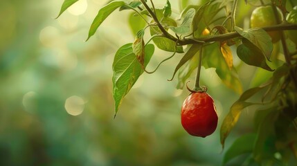 Obraz premium Paprika fruit hanging on a branch with foliage backdrop