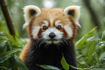 Naklejka premium Red panda cub exploring a dense forest in its natural habitat
