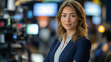 Fototapeta premium poised female journalist with shoulder-length hair, dressed in a navy-blue blazer and a white blouse