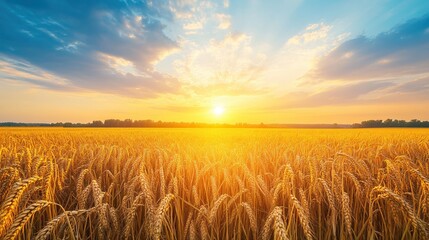 Obraz premium Golden wheat field at sunset with bright sun and blue sky creating a scenic landscape