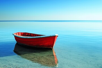 Naklejka premium Solitary red boat gently resting on tranquil clear water under a bright sky