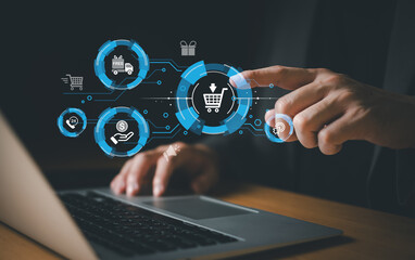 People hand using smartphone and laptop to make payment for online shopping application. After success it's show purchase order send to warehouse and making delivery process. Online banking.