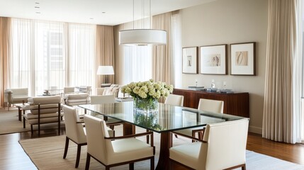 Fototapeta premium Modern Elegant Dining Room With Glass Table And White Chairs