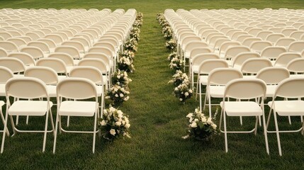 Fototapeta premium Rows of white chairs at an outdoor funeral service, adorned with floral arrangements, calm and dignified atmosphere