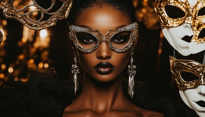 A powerful black supermodel exuding confidence as a mafia boss, showcasing her elegance and strength while hosting a grand masquerade event in celebration of Woman Day.