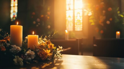A chapel interior decorated with floral tributes and candles, sunlight streaming through stained glass windows