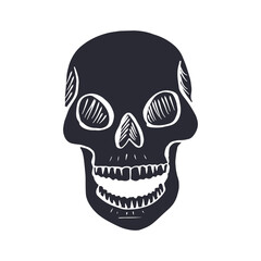 Hand drawn black silhouette human skull isolated on white background. Monochrome skeleton head desig