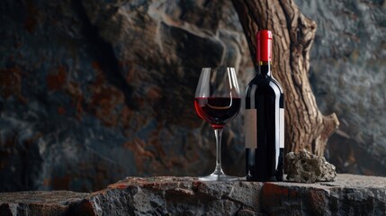 Red wine bottle and glass on dark stone surface with aged tree trunk in backdrop.