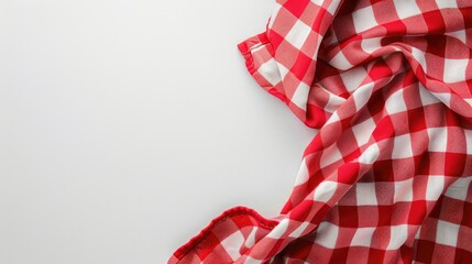 Red picnic towel on white table with empty space, top view for food advertising design display.