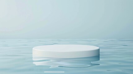 Round white podium floating on water surface with space for text.