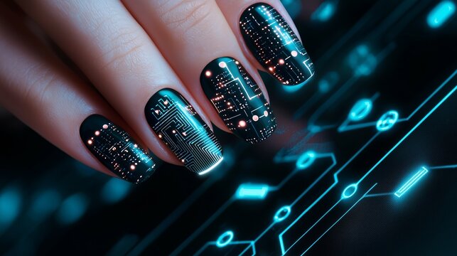 Luxurious nails adorned with glowing circuits and microchips showcasing the fusion of technology and fashion