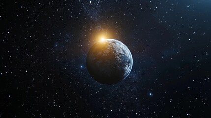 A planet in space with a bright sun in the background