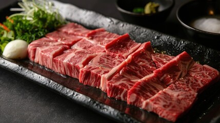 Sliced beef in a Shabu-shabu series presentation on a black tray.