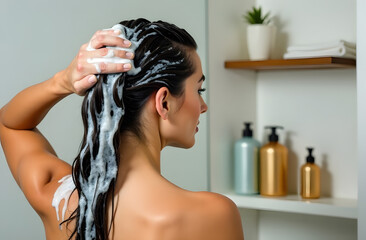  woman in the shower washes her hair with shampoo, woman applies shampoo to her hair, shower, taking a shower, a woman in shower 