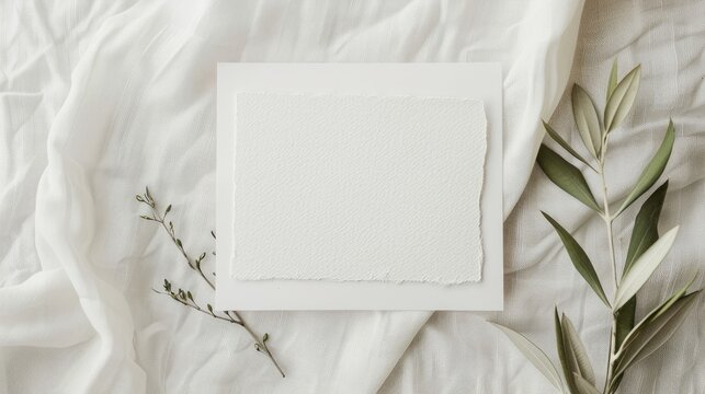 Simple and elegant wedding invitation mock-up with olive twig on linen background ideal for stationery.