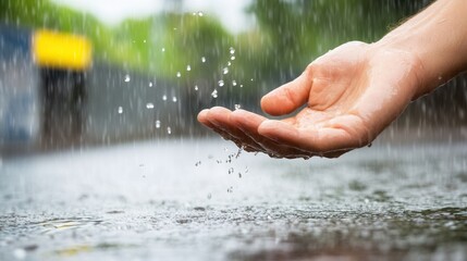 Hand catching rainwater in outdoor setting with focus on water droplets.