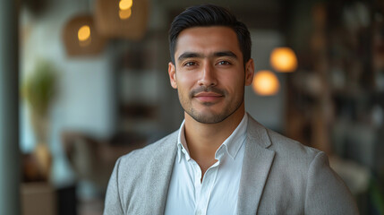 Fototapeta premium A charismatic male real estate agent with short, neatly combed hair, wearing a light gray jacket over a crisp white shirt