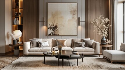 Stylish Living Room with Beige Sofa and Decor Items.