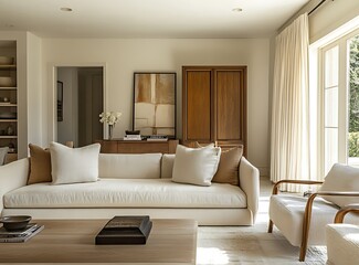 Fototapeta premium Contemporary living room with beige sofa and armchair in front of a wooden cabinet, featuring neutral tones and minimalist design principles