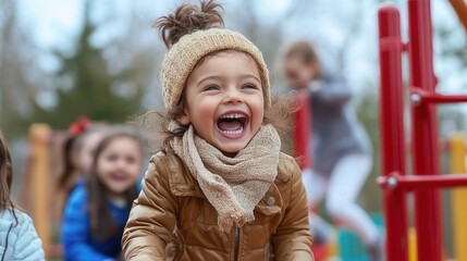 Joyful caucasian child laughing on a playground in winter attire.
