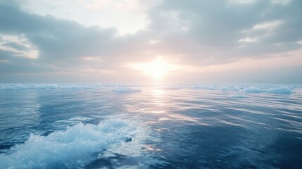 Obraz premium The frozen shore is covered with ice on the background of the sunset by the sea. Cold natural background 