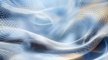 Abstract background with digital waves and mesh patterns in blue, white, gray, and gold tones. A modern technology concept symbolizing the flow of data.