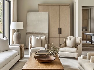 Fototapeta premium Contemporary living room with beige sofa and armchair in front of a wooden cabinet, featuring neutral tones and minimalist design principles