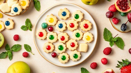 A decorative platter of domino cookies with colorful icing dots, surrounded by fresh fruit and mint leaves, isolated on beige background
