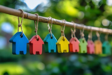 Colorful miniature houses hanging outdoors representing homeownership or community