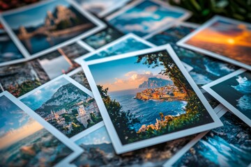 A stack of scenic travel photographs showcasing coastal towns and mountain landscapes